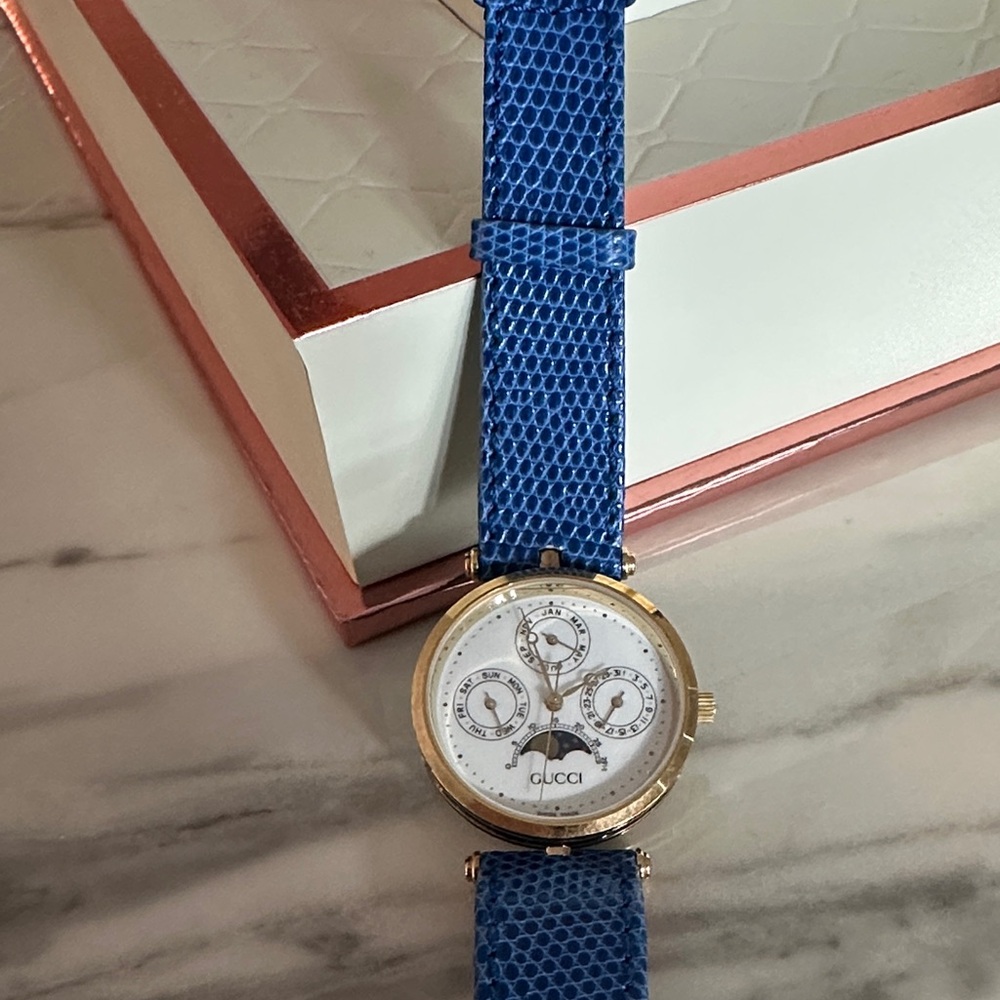 Gucci Blue Textured Strap Watch with Gold Trim